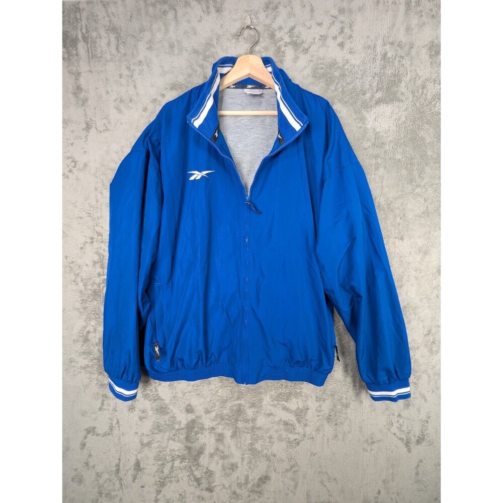 Reebok Full Zip Track Jacket Men's XXL Blue Lined Logo Embroidered Long Sleeves